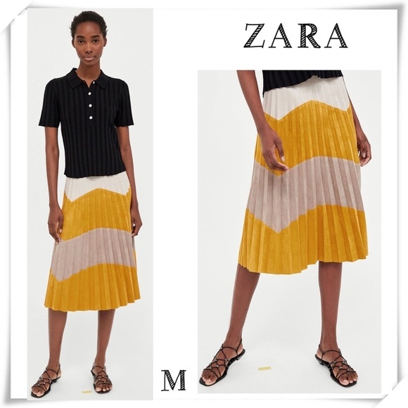 ZARA Zigzag Color Block Pleated Faux Suede Midi Skirt in Mastered Yellow / Beige - Picture 1 of 8